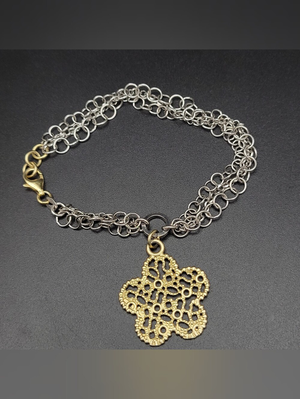 Gold Vermeil Filigree Flower Pendant Mixed-Metal Sterling Silver Bracelet